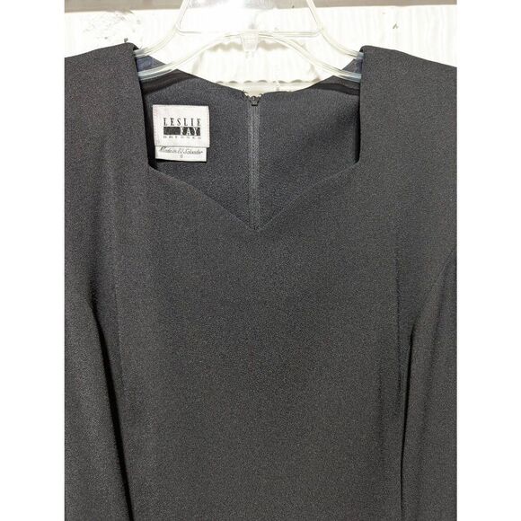 Leslie Fay Women's 8 Classic Black Dress Sheer Sleeves Sweetheart Neckline - Picture 2 of 8